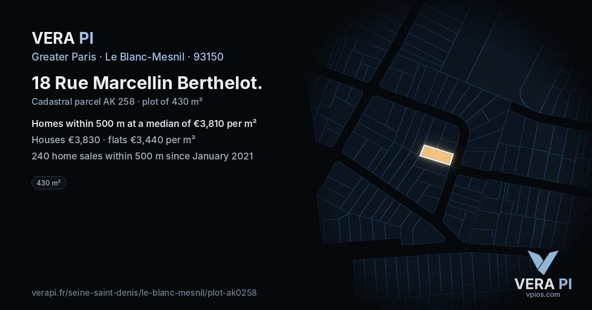 18 Rue Marcellin Berthelot, Le Blanc-Mesnil at night – the plot lit, the parcels around coloured by the prices near them