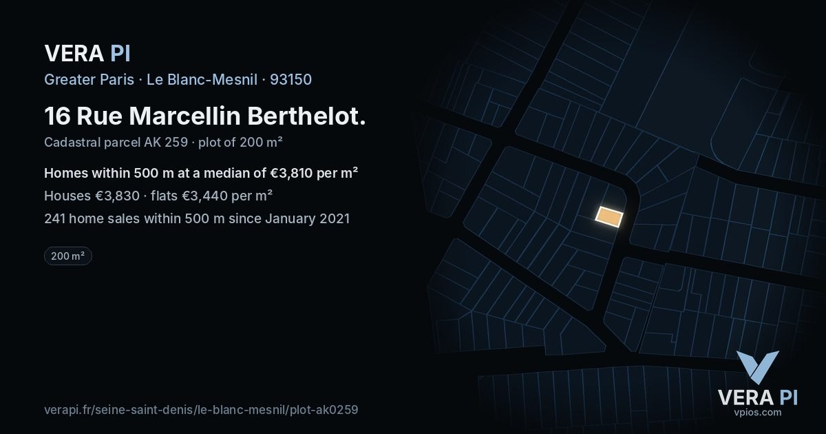 16 Rue Marcellin Berthelot, Le Blanc-Mesnil at night – the plot lit, the parcels around coloured by the prices near them