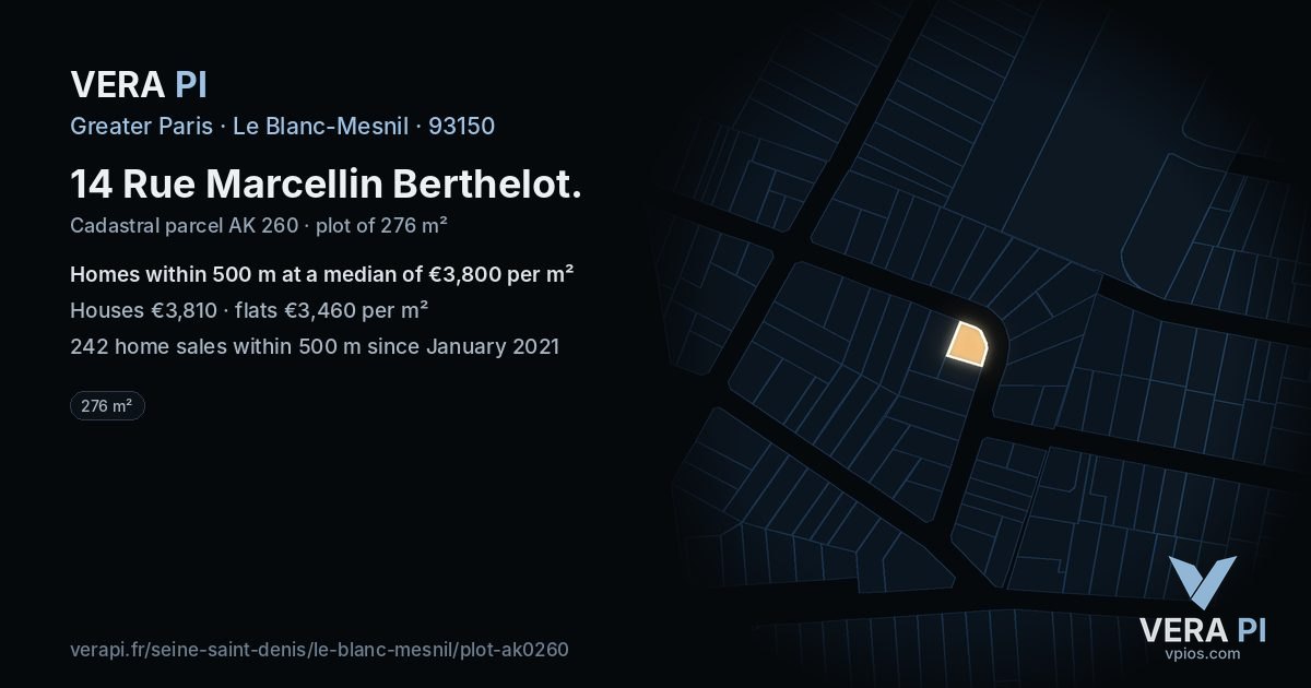 14 Rue Marcellin Berthelot, Le Blanc-Mesnil at night – the plot lit, the parcels around coloured by the prices near them