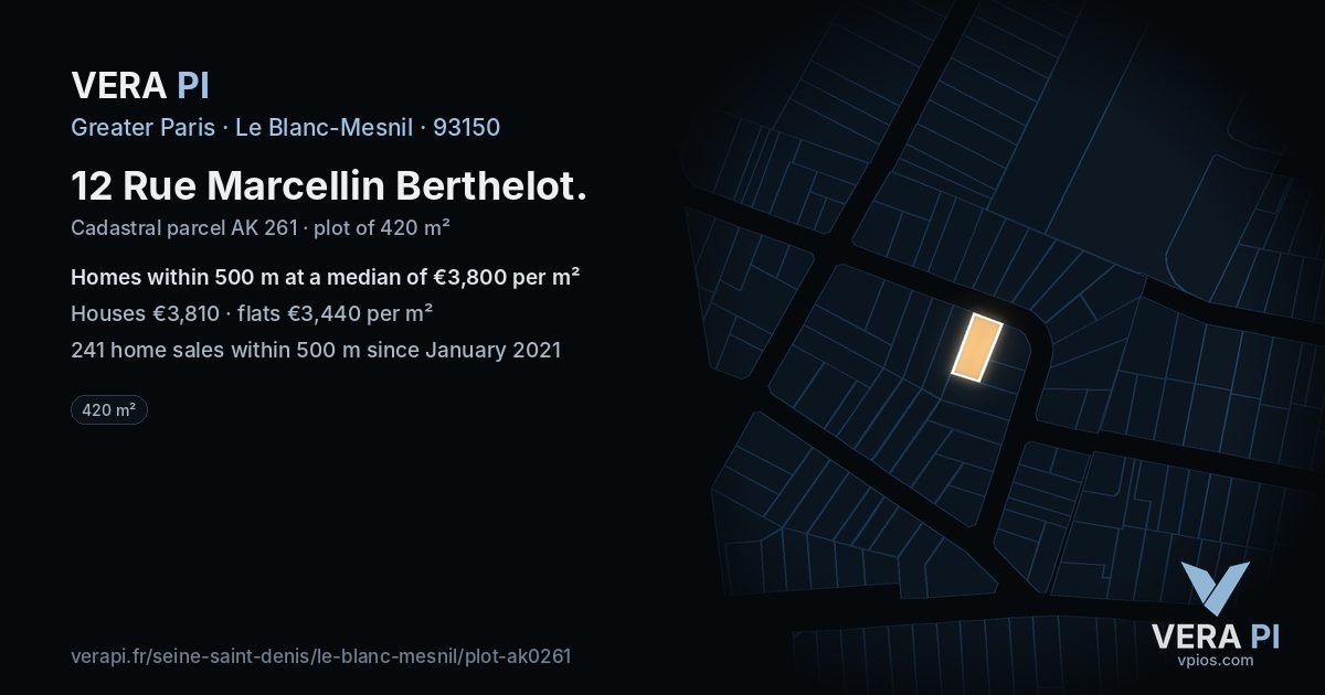 12 Rue Marcellin Berthelot, Le Blanc-Mesnil at night – the plot lit, the parcels around coloured by the prices near them