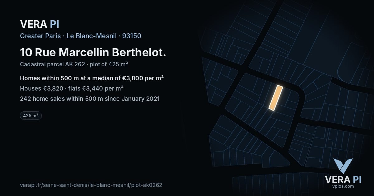 10 Rue Marcellin Berthelot, Le Blanc-Mesnil at night – the plot lit, the parcels around coloured by the prices near them