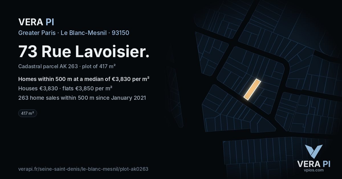 73 Rue Lavoisier, Le Blanc-Mesnil at night – the plot lit, the parcels around coloured by the prices near them