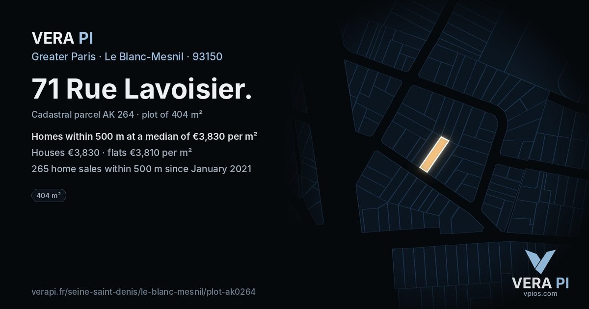 71 Rue Lavoisier, Le Blanc-Mesnil at night – the plot lit, the parcels around coloured by the prices near them