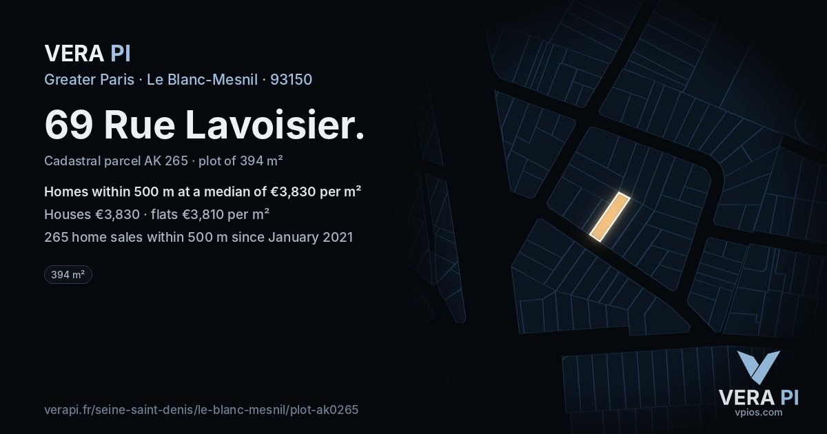 69 Rue Lavoisier, Le Blanc-Mesnil at night – the plot lit, the parcels around coloured by the prices near them