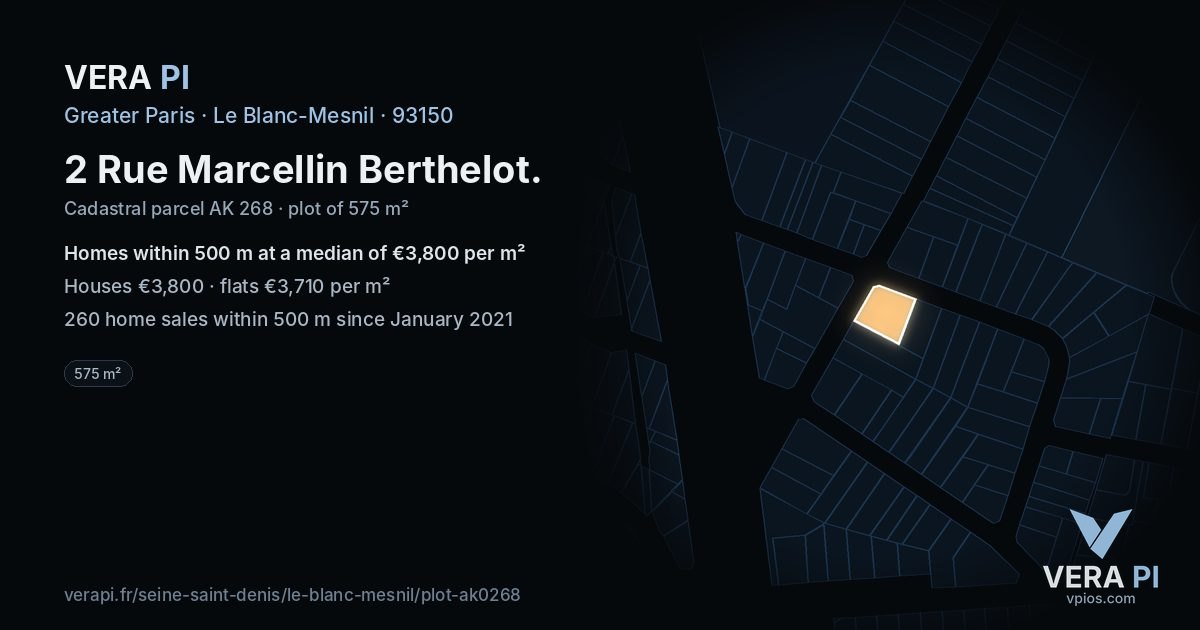 2 Rue Marcellin Berthelot, Le Blanc-Mesnil at night – the plot lit, the parcels around coloured by the prices near them