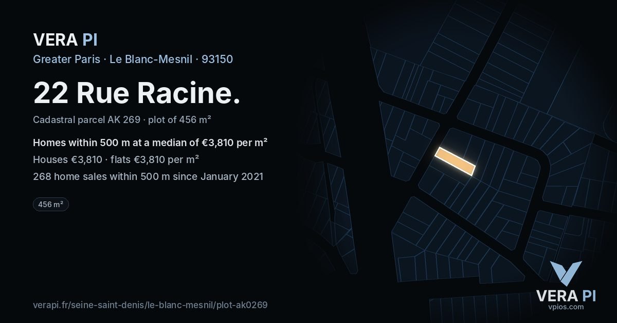 22 Rue Racine, Le Blanc-Mesnil at night – the plot lit, the parcels around coloured by the prices near them