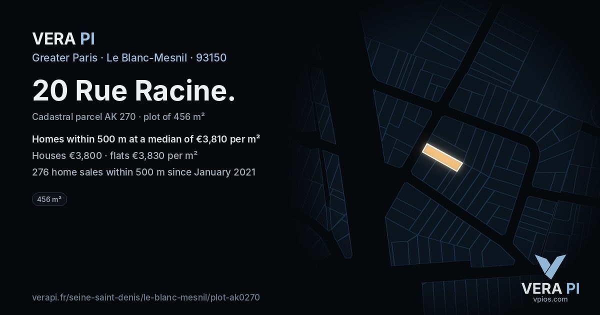 20 Rue Racine, Le Blanc-Mesnil at night – the plot lit, the parcels around coloured by the prices near them