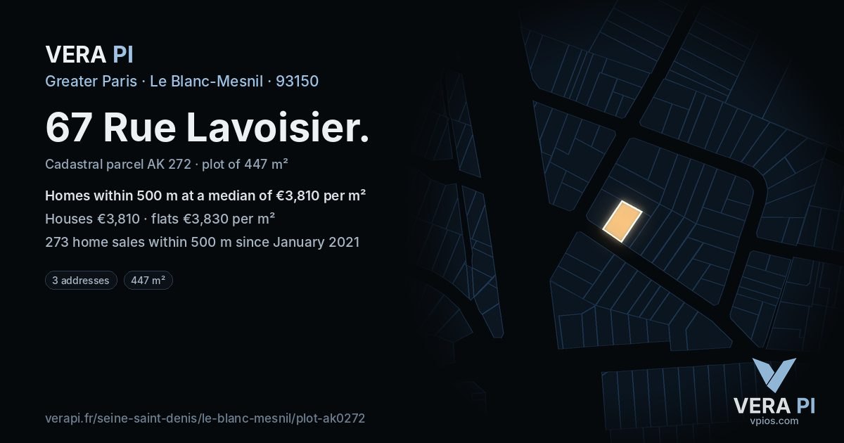 67 Rue Lavoisier, Le Blanc-Mesnil at night – the plot lit, the parcels around coloured by the prices near them