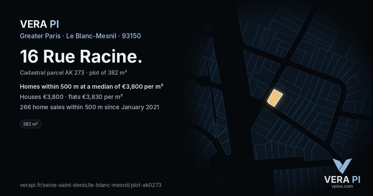 16 Rue Racine, Le Blanc-Mesnil at night – the plot lit, the parcels around coloured by the prices near them