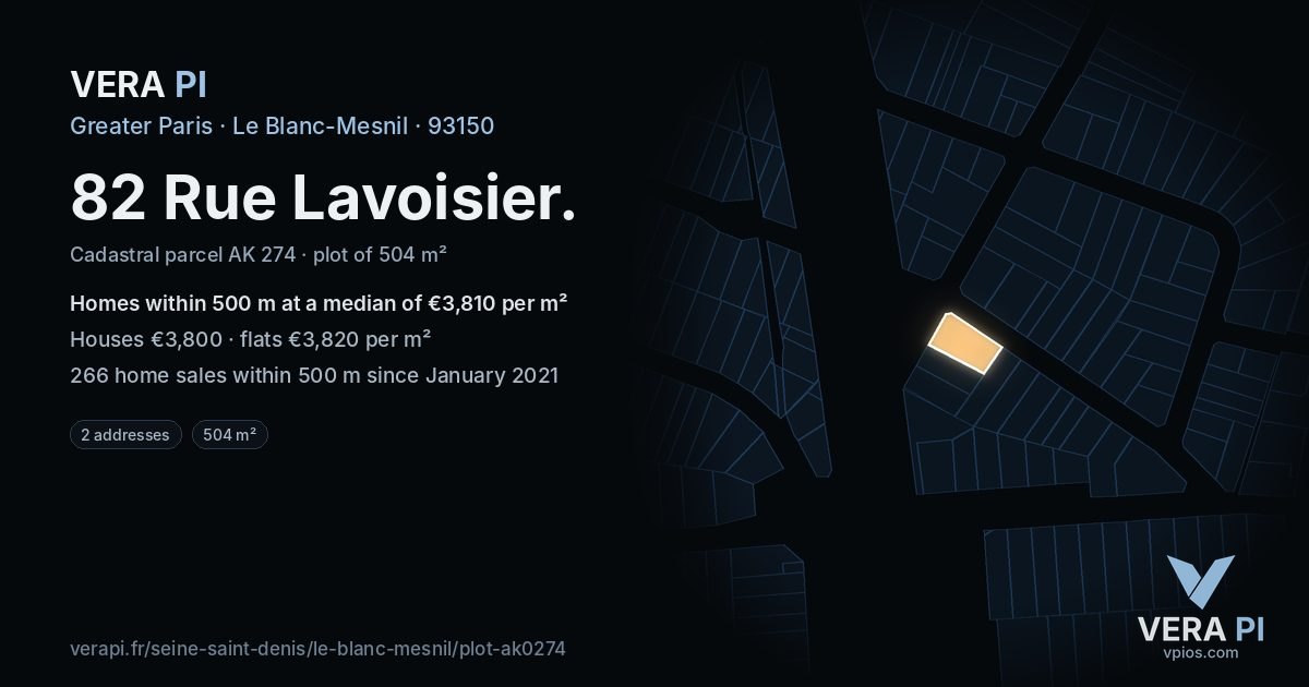 82 Rue Lavoisier, Le Blanc-Mesnil at night – the plot lit, the parcels around coloured by the prices near them