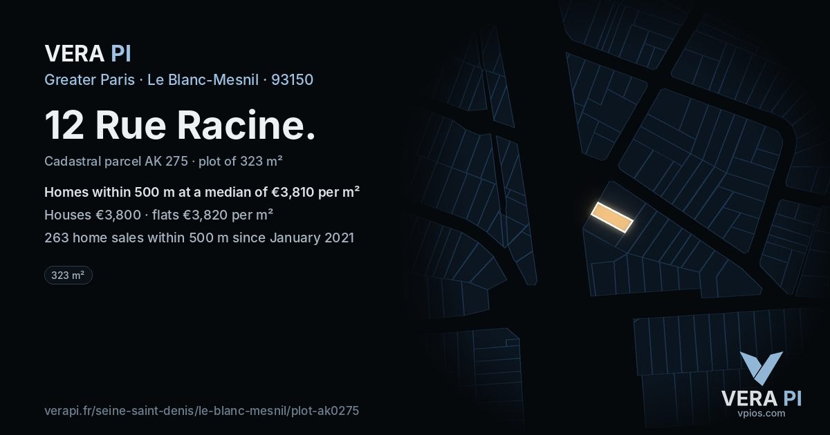 12 Rue Racine, Le Blanc-Mesnil at night – the plot lit, the parcels around coloured by the prices near them