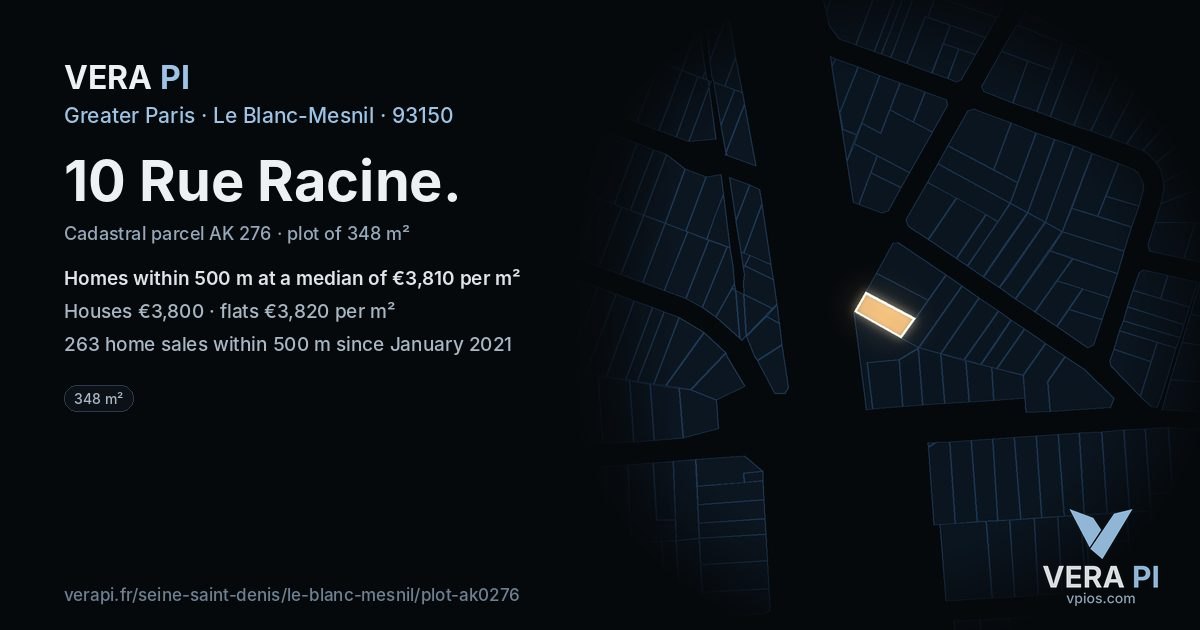 10 Rue Racine, Le Blanc-Mesnil at night – the plot lit, the parcels around coloured by the prices near them