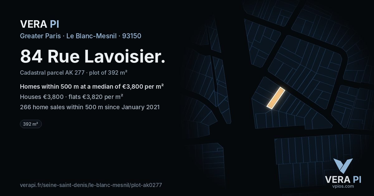 84 Rue Lavoisier, Le Blanc-Mesnil at night – the plot lit, the parcels around coloured by the prices near them