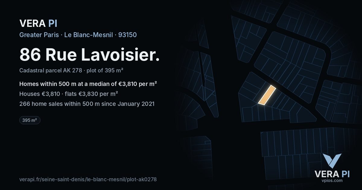 86 Rue Lavoisier, Le Blanc-Mesnil at night – the plot lit, the parcels around coloured by the prices near them