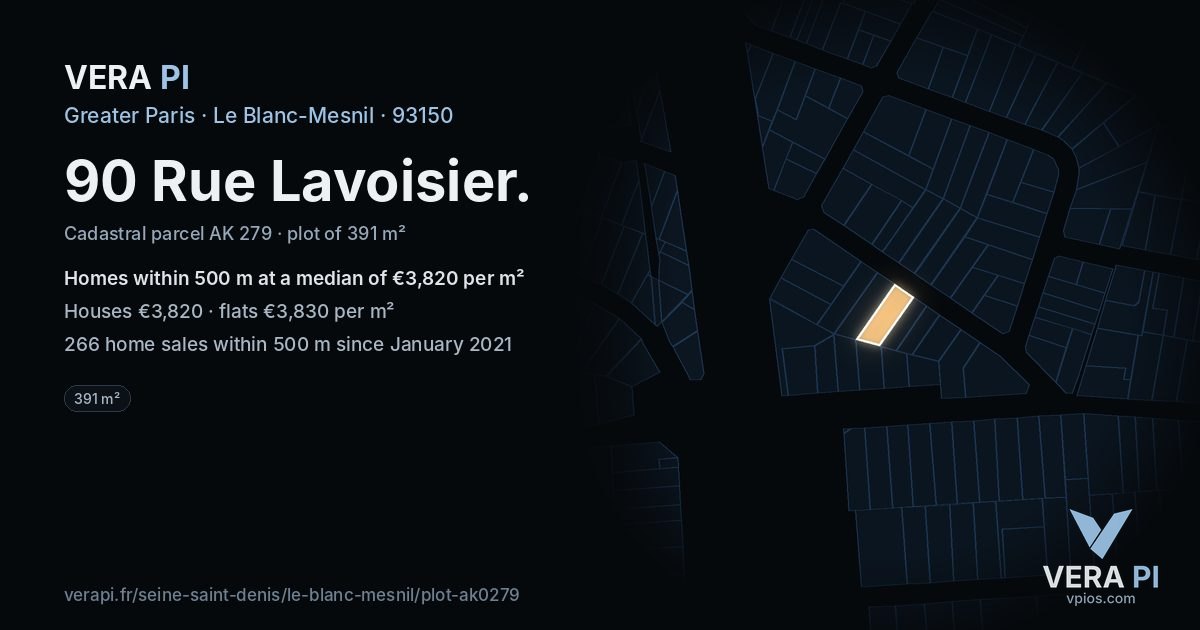 90 Rue Lavoisier, Le Blanc-Mesnil at night – the plot lit, the parcels around coloured by the prices near them