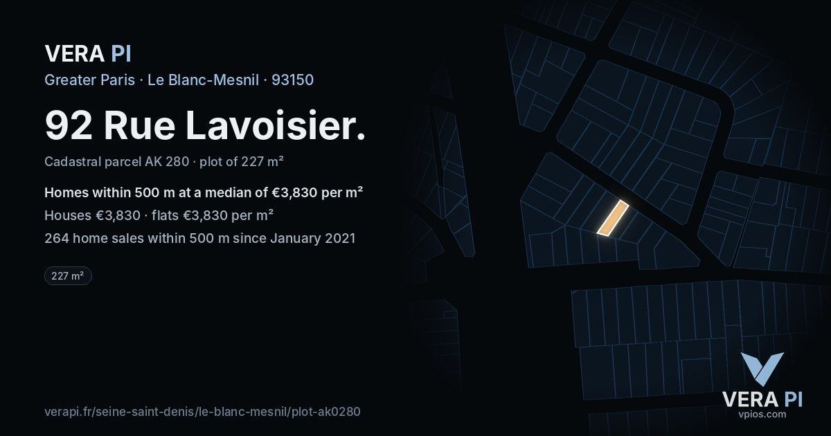92 Rue Lavoisier, Le Blanc-Mesnil at night – the plot lit, the parcels around coloured by the prices near them