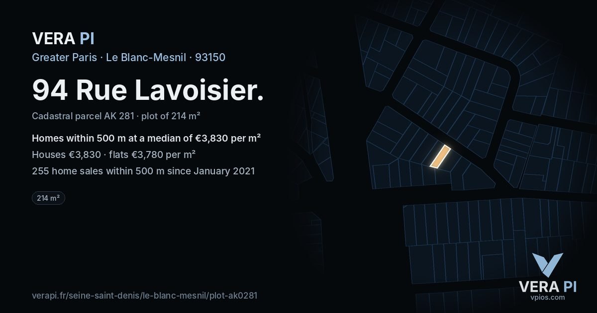 94 Rue Lavoisier, Le Blanc-Mesnil at night – the plot lit, the parcels around coloured by the prices near them