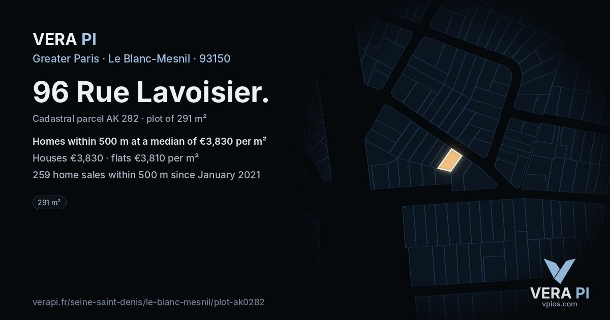 96 Rue Lavoisier, Le Blanc-Mesnil at night – the plot lit, the parcels around coloured by the prices near them