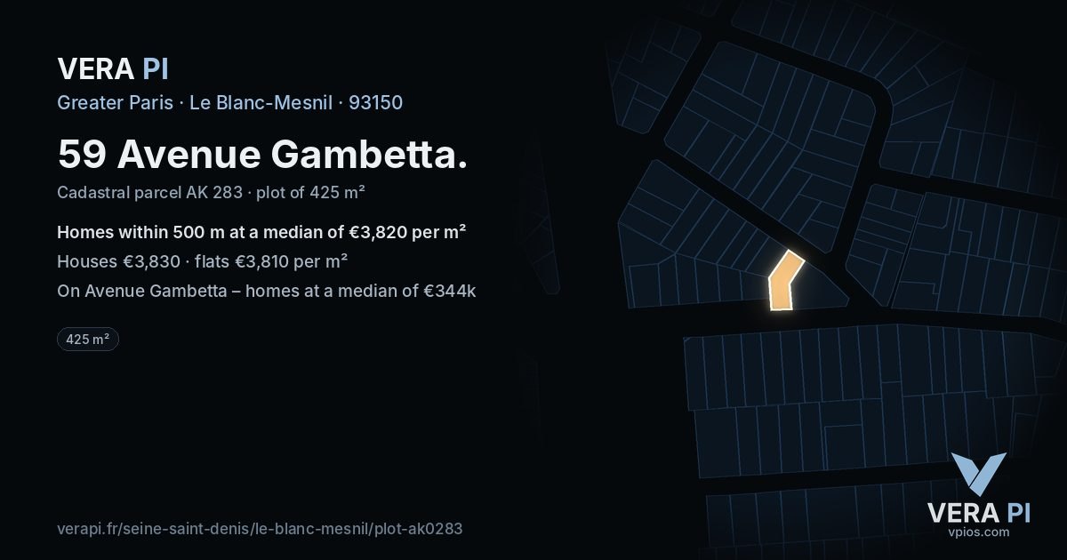 59 Avenue Gambetta, Le Blanc-Mesnil at night – the plot lit, the parcels around coloured by the prices near them