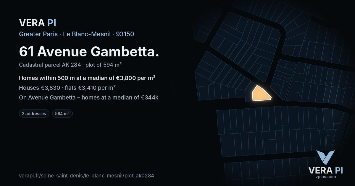 61 Avenue Gambetta, Le Blanc-Mesnil at night – the plot lit, the parcels around coloured by the prices near them