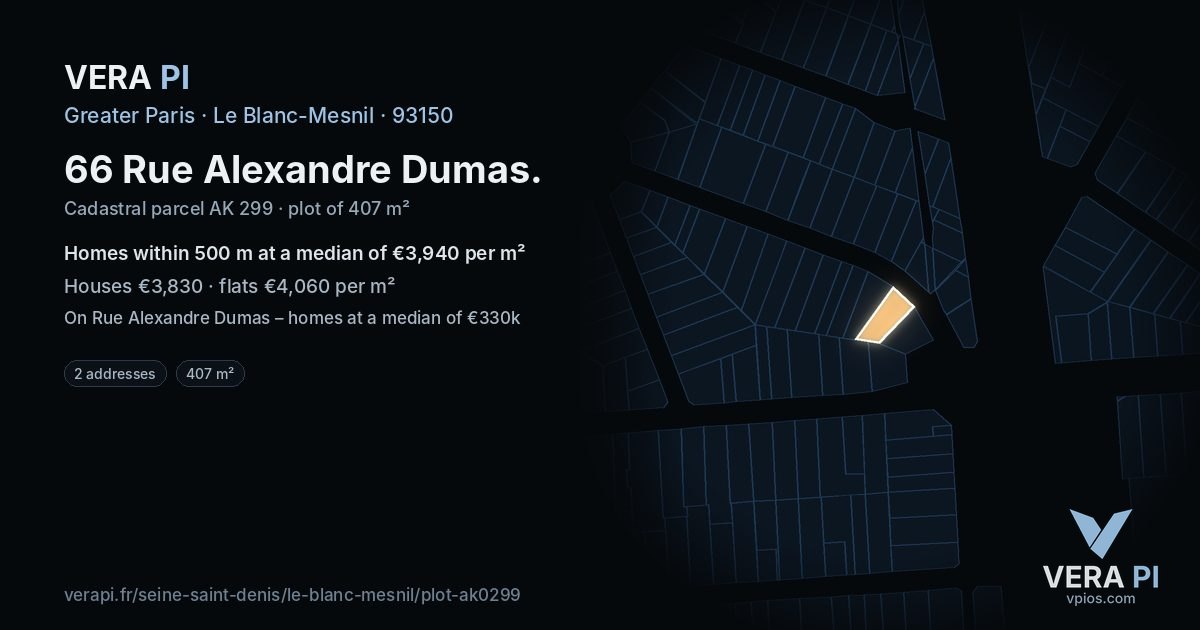 66 Rue Alexandre Dumas, Le Blanc-Mesnil at night – the plot lit, the parcels around coloured by the prices near them
