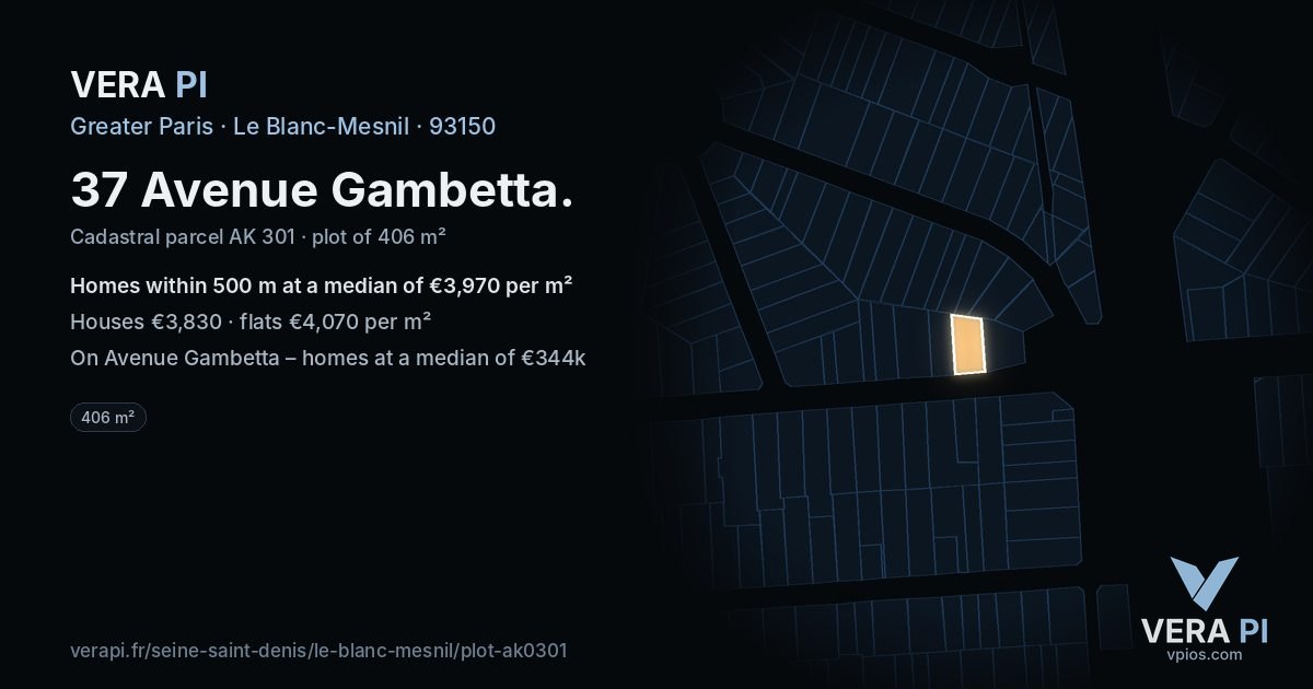 37 Avenue Gambetta, Le Blanc-Mesnil at night – the plot lit, the parcels around coloured by the prices near them