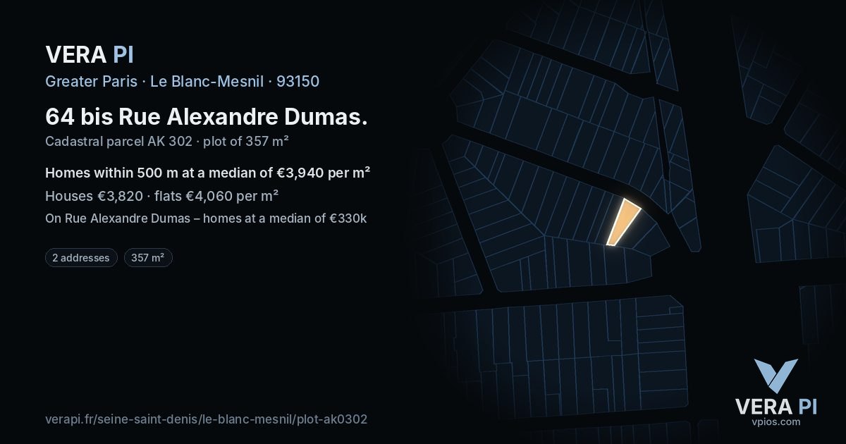 64 bis Rue Alexandre Dumas, Le Blanc-Mesnil at night – the plot lit, the parcels around coloured by the prices near them