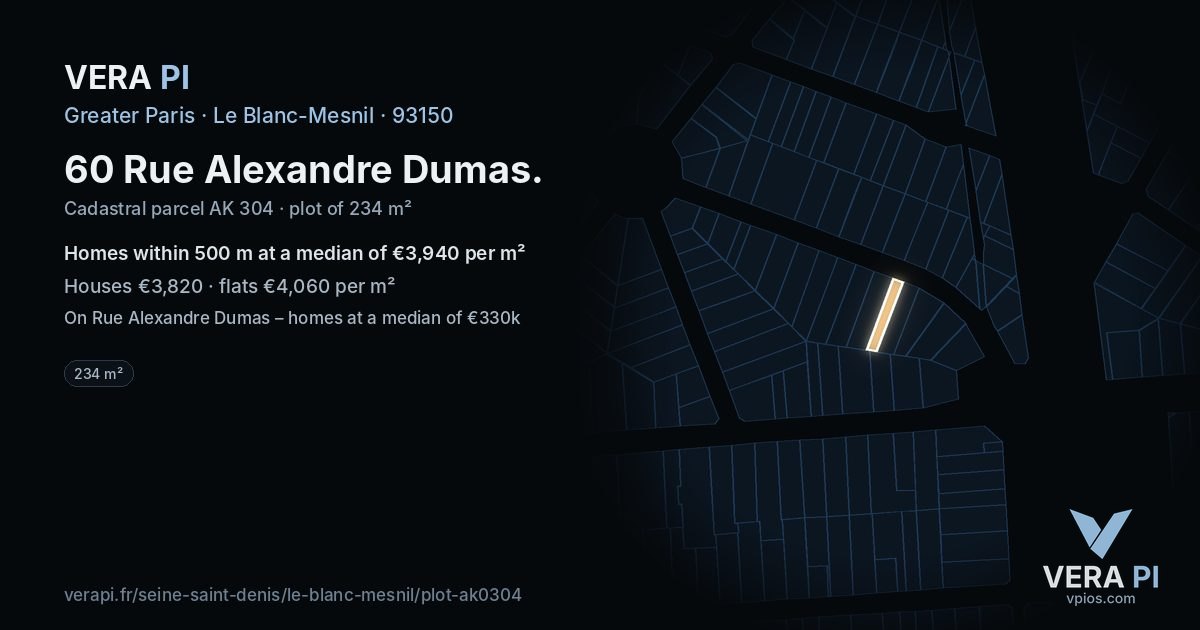 60 Rue Alexandre Dumas, Le Blanc-Mesnil at night – the plot lit, the parcels around coloured by the prices near them