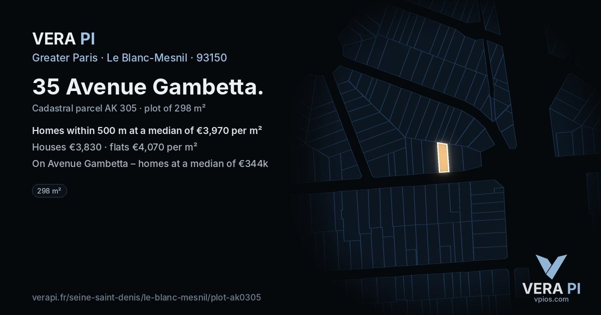 35 Avenue Gambetta, Le Blanc-Mesnil at night – the plot lit, the parcels around coloured by the prices near them