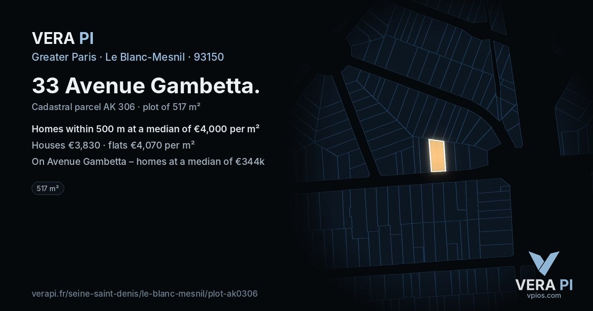 33 Avenue Gambetta, Le Blanc-Mesnil at night – the plot lit, the parcels around coloured by the prices near them