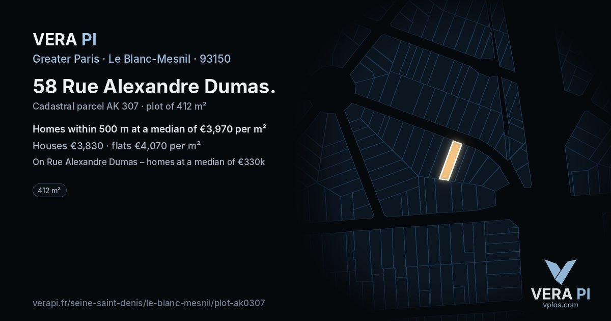 58 Rue Alexandre Dumas, Le Blanc-Mesnil at night – the plot lit, the parcels around coloured by the prices near them