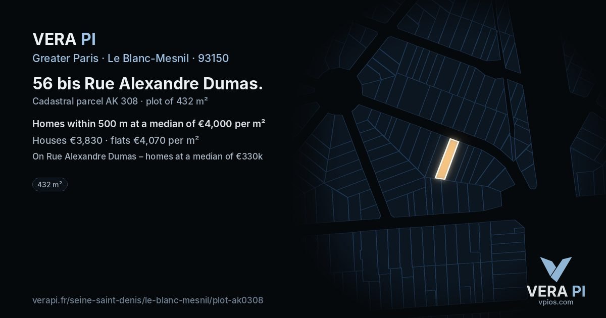 56 bis Rue Alexandre Dumas, Le Blanc-Mesnil at night – the plot lit, the parcels around coloured by the prices near them