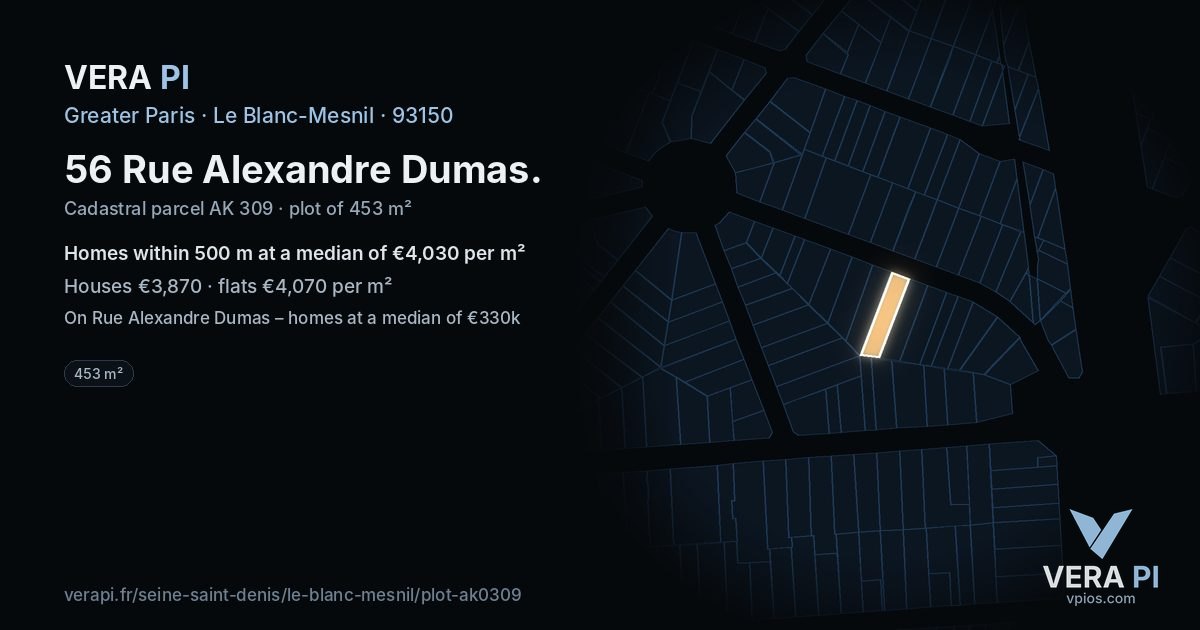 56 Rue Alexandre Dumas, Le Blanc-Mesnil at night – the plot lit, the parcels around coloured by the prices near them