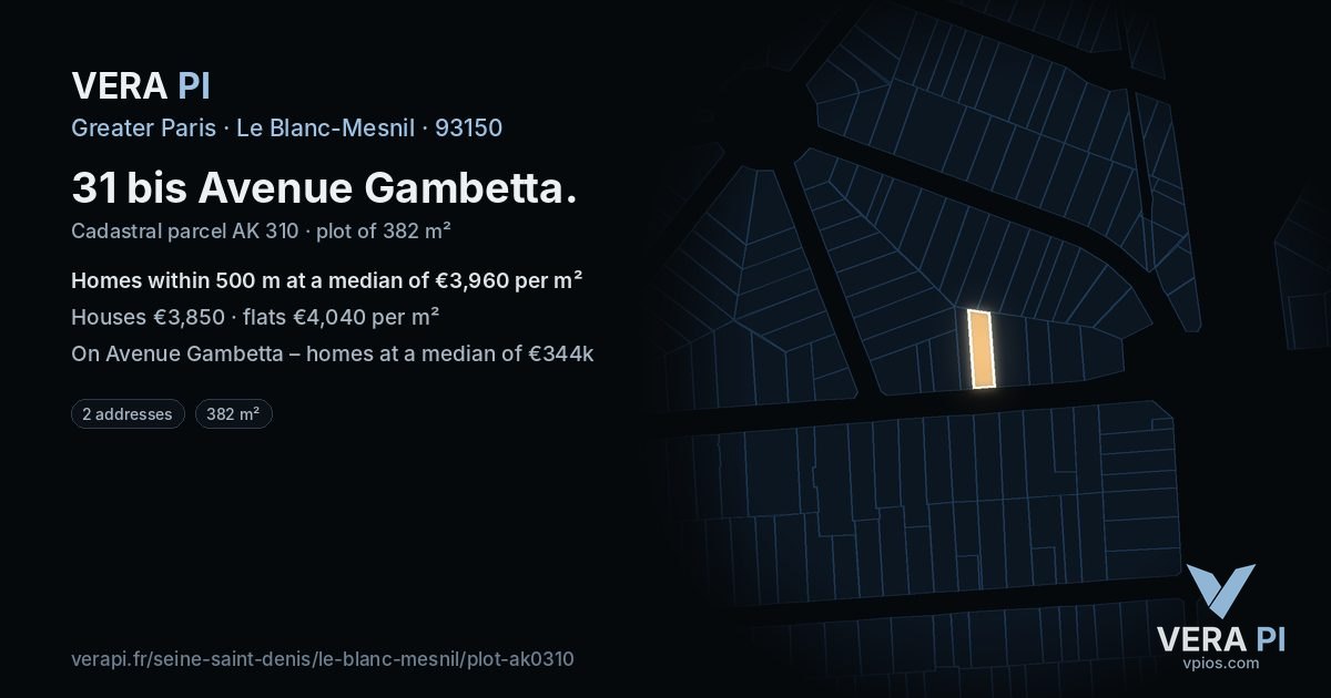 31 bis Avenue Gambetta, Le Blanc-Mesnil at night – the plot lit, the parcels around coloured by the prices near them