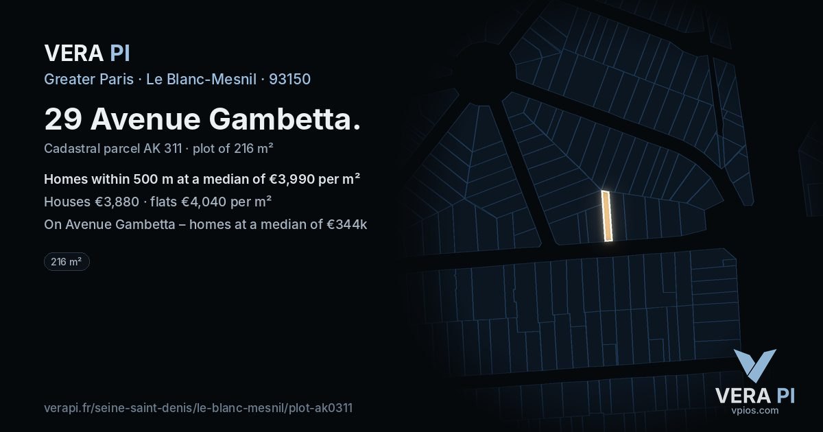 29 Avenue Gambetta, Le Blanc-Mesnil at night – the plot lit, the parcels around coloured by the prices near them