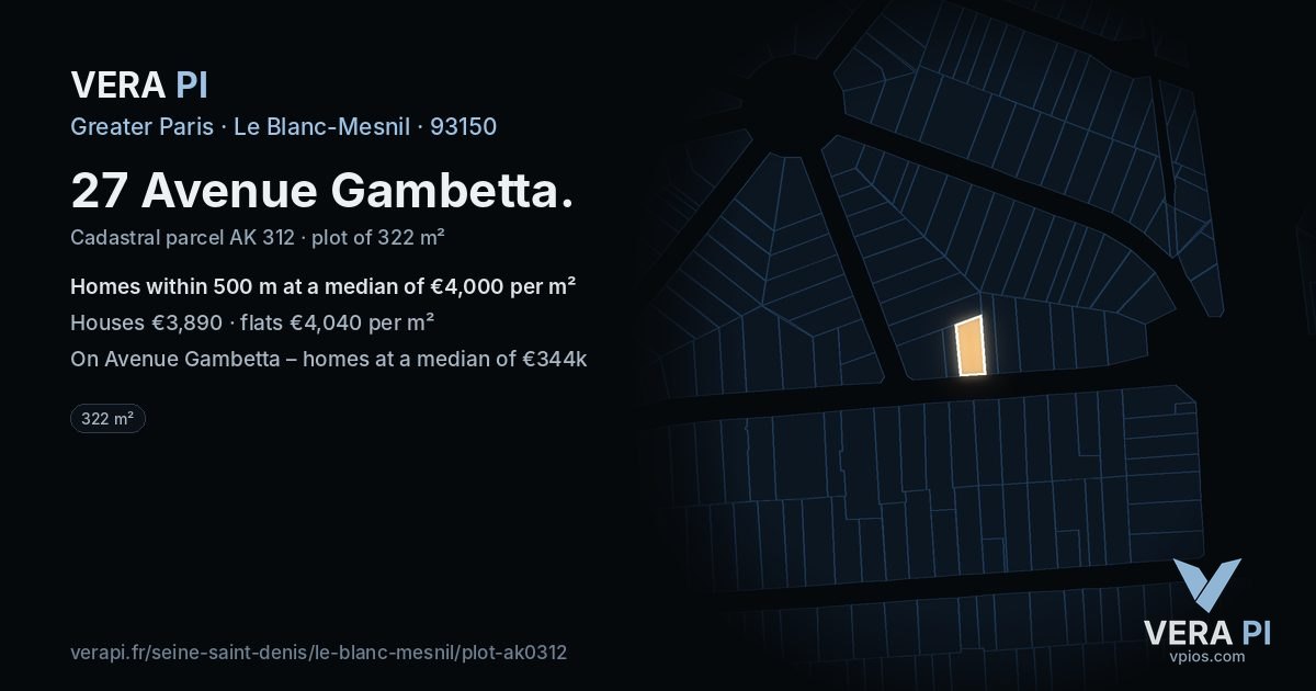 27 Avenue Gambetta, Le Blanc-Mesnil at night – the plot lit, the parcels around coloured by the prices near them
