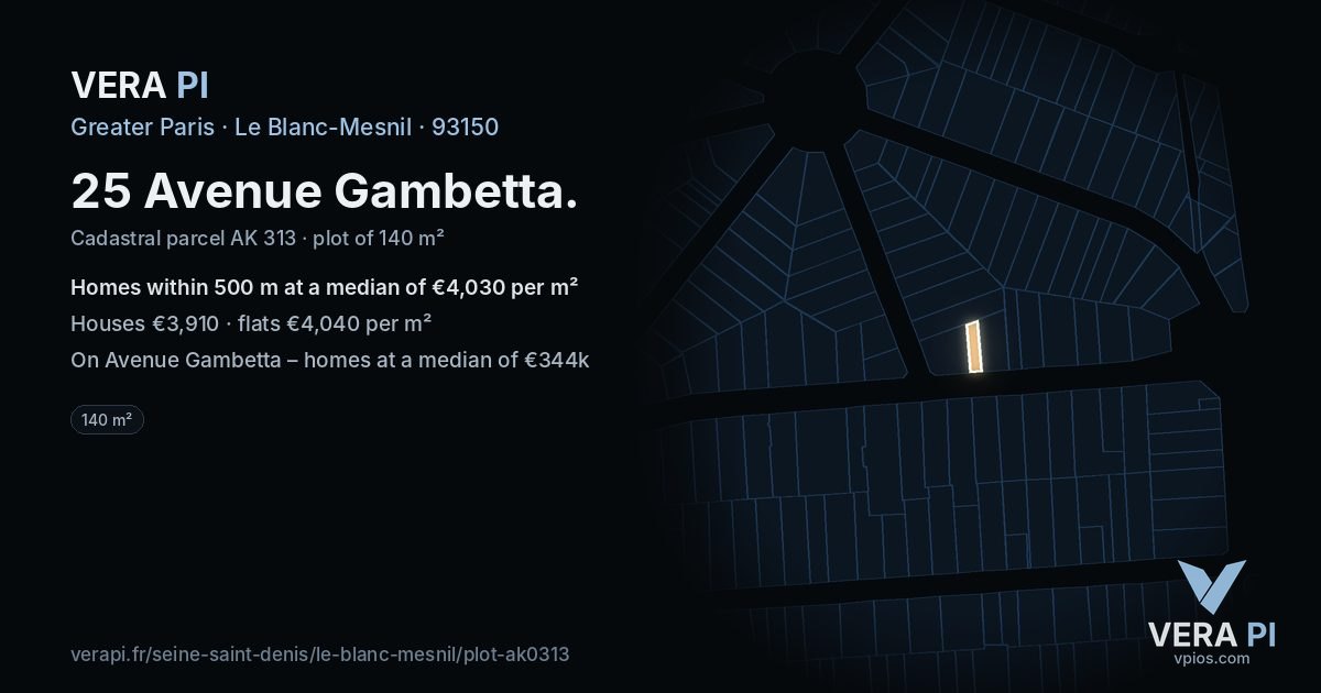 25 Avenue Gambetta, Le Blanc-Mesnil at night – the plot lit, the parcels around coloured by the prices near them