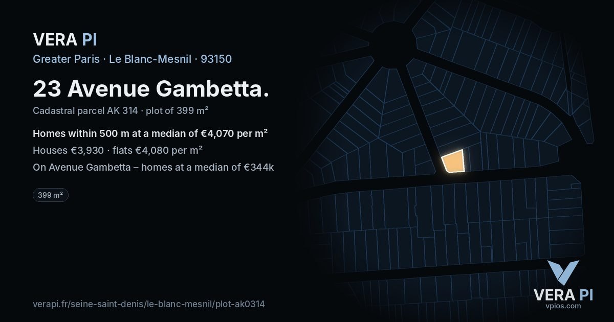 23 Avenue Gambetta, Le Blanc-Mesnil at night – the plot lit, the parcels around coloured by the prices near them
