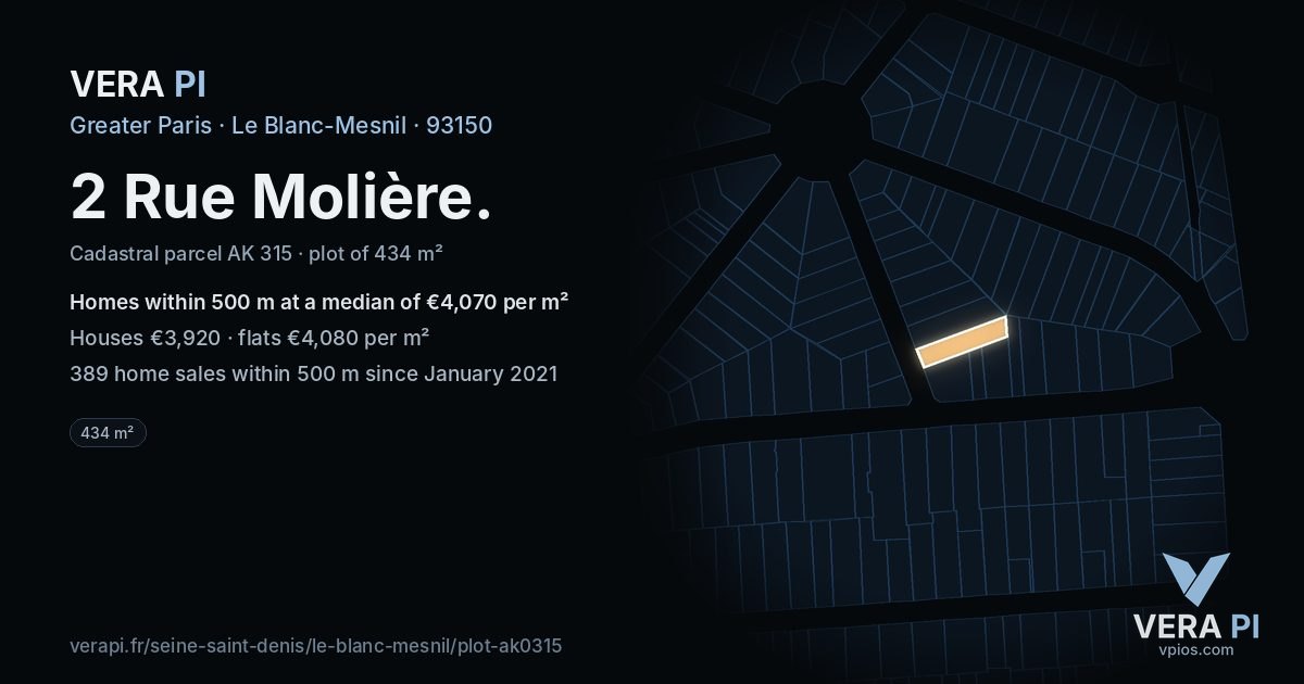 2 Rue Molière, Le Blanc-Mesnil at night – the plot lit, the parcels around coloured by the prices near them