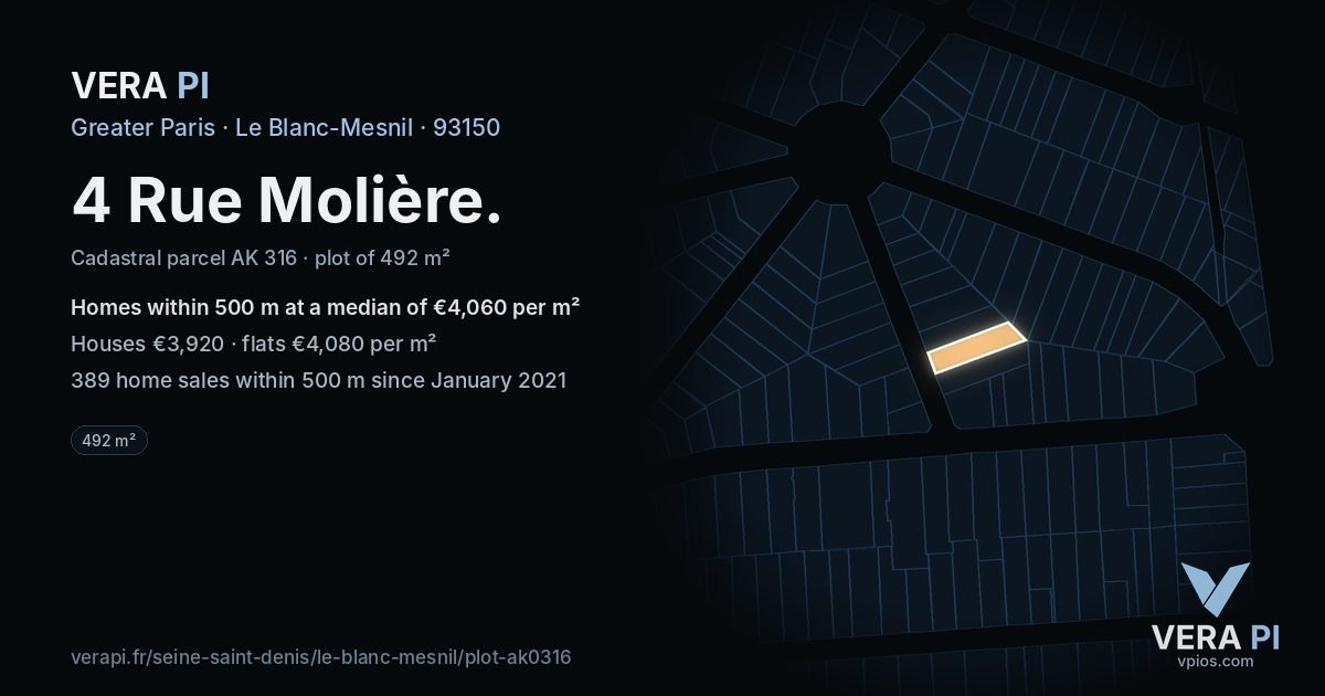 4 Rue Molière, Le Blanc-Mesnil at night – the plot lit, the parcels around coloured by the prices near them