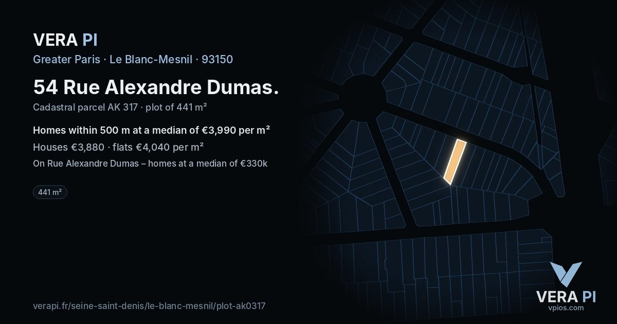 54 Rue Alexandre Dumas, Le Blanc-Mesnil at night – the plot lit, the parcels around coloured by the prices near them