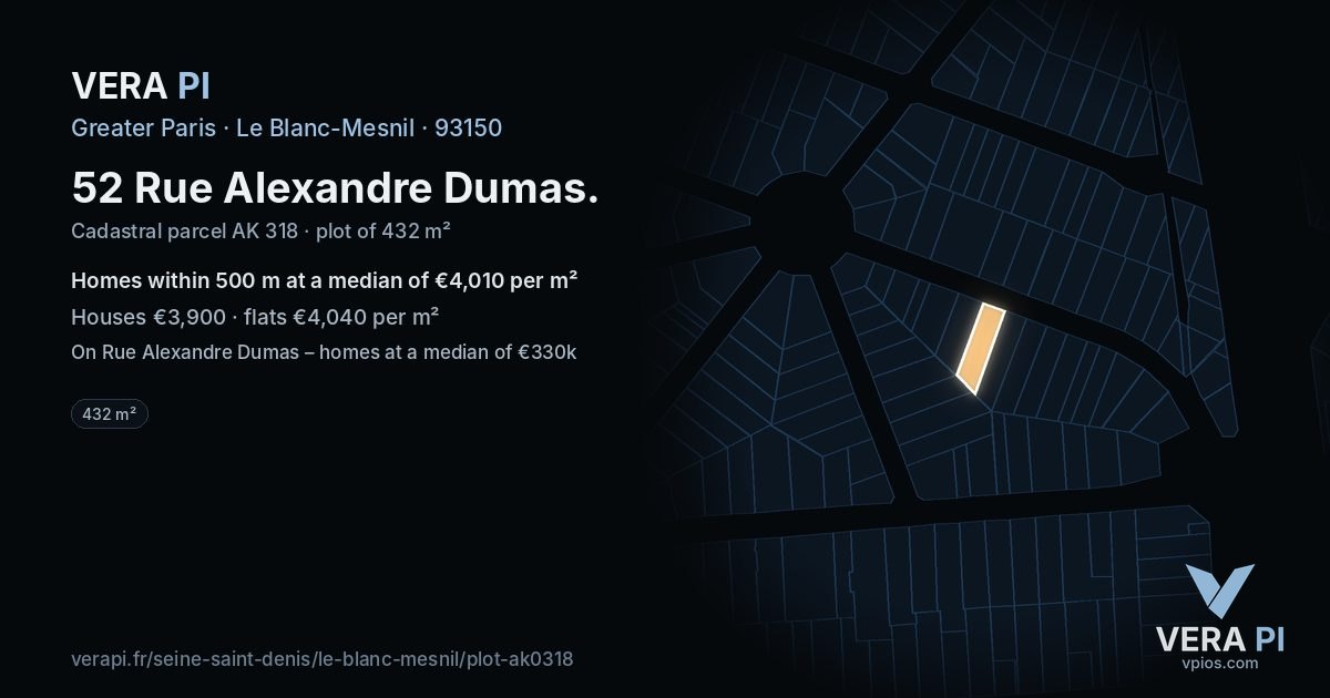 52 Rue Alexandre Dumas, Le Blanc-Mesnil at night – the plot lit, the parcels around coloured by the prices near them