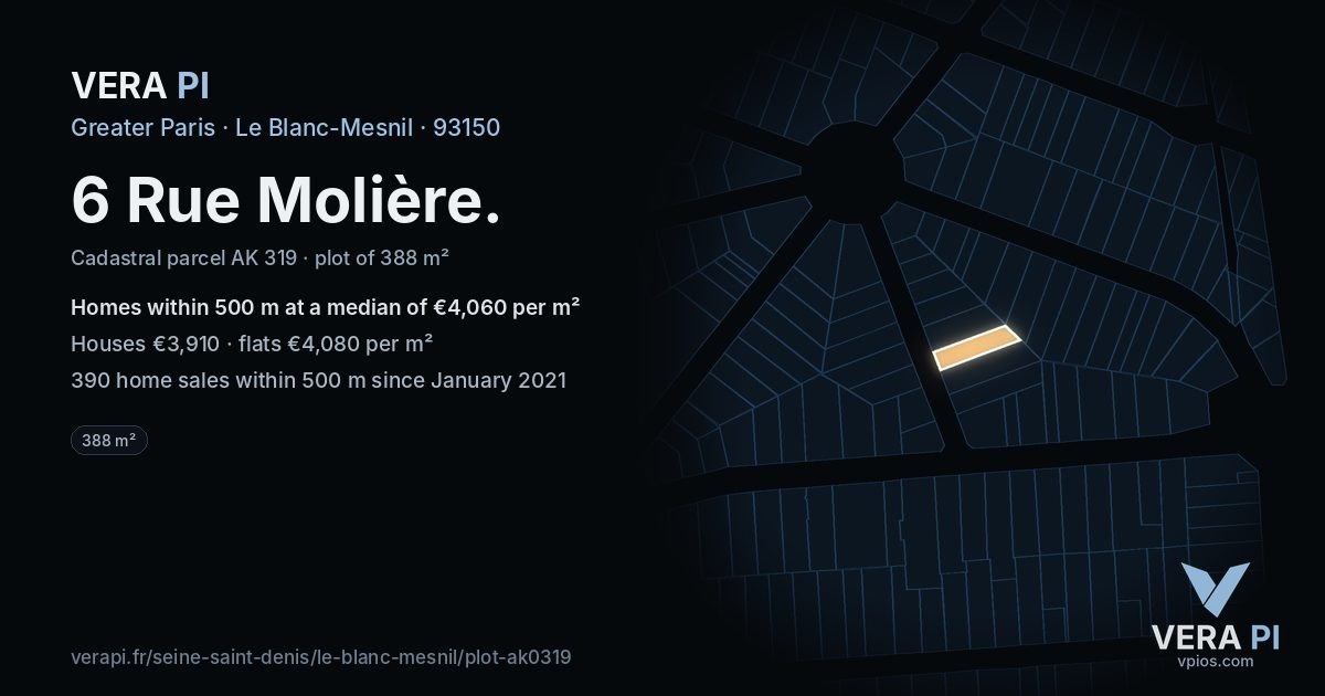 6 Rue Molière, Le Blanc-Mesnil at night – the plot lit, the parcels around coloured by the prices near them
