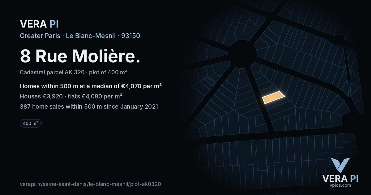 8 Rue Molière, Le Blanc-Mesnil at night – the plot lit, the parcels around coloured by the prices near them