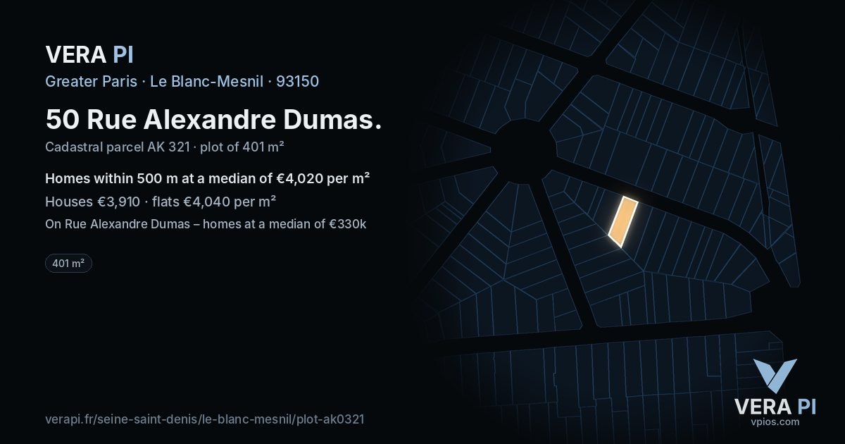50 Rue Alexandre Dumas, Le Blanc-Mesnil at night – the plot lit, the parcels around coloured by the prices near them