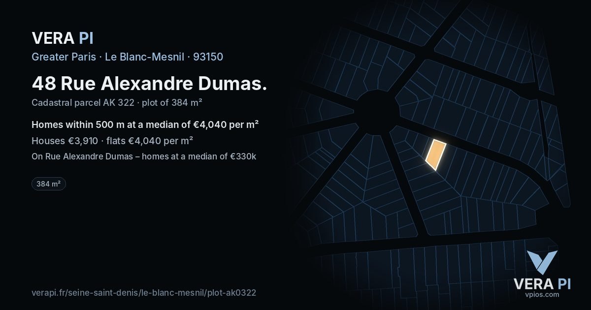 48 Rue Alexandre Dumas, Le Blanc-Mesnil at night – the plot lit, the parcels around coloured by the prices near them