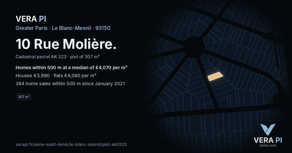 10 Rue Molière, Le Blanc-Mesnil at night – the plot lit, the parcels around coloured by the prices near them