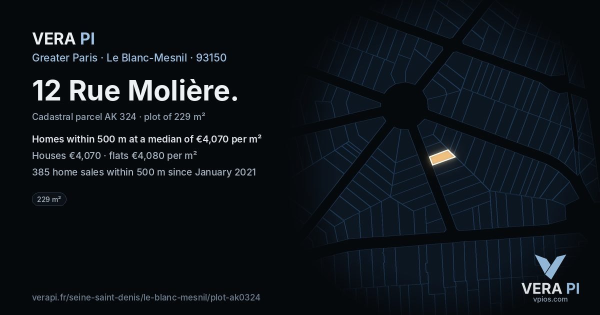 12 Rue Molière, Le Blanc-Mesnil at night – the plot lit, the parcels around coloured by the prices near them