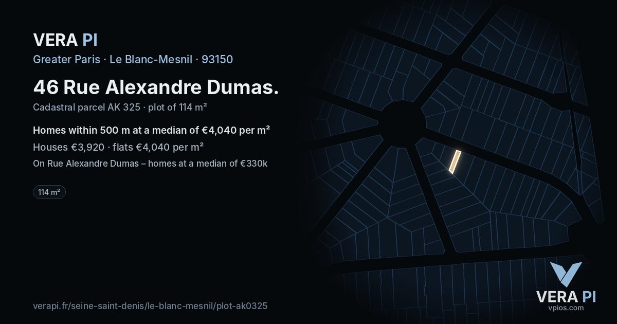 46 Rue Alexandre Dumas, Le Blanc-Mesnil at night – the plot lit, the parcels around coloured by the prices near them