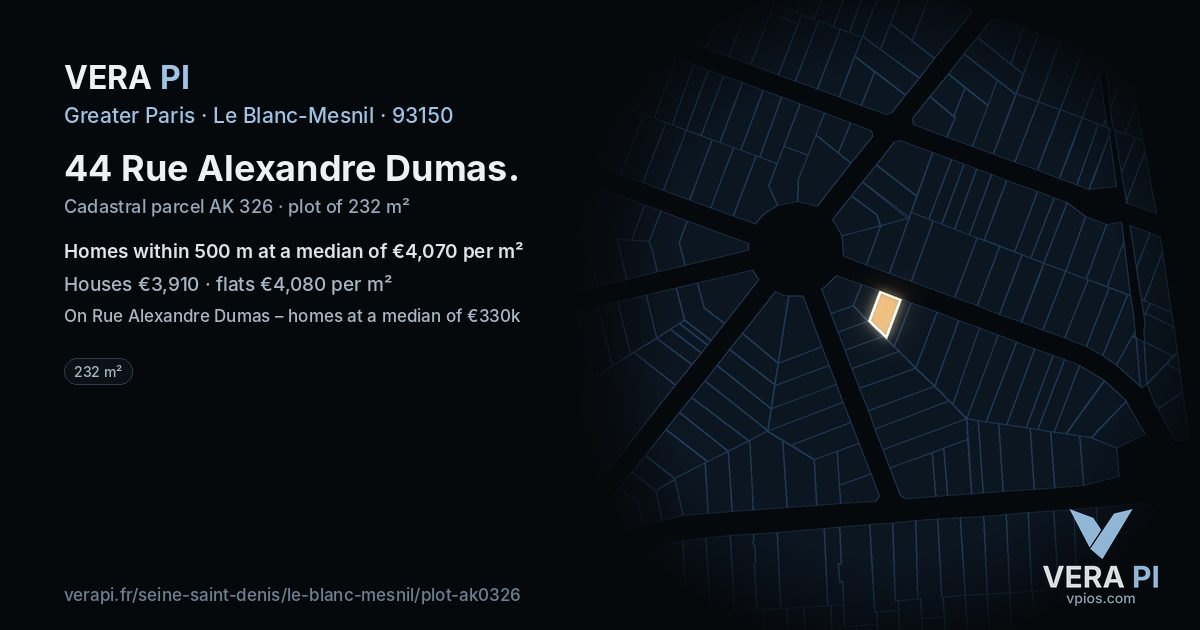 44 Rue Alexandre Dumas, Le Blanc-Mesnil at night – the plot lit, the parcels around coloured by the prices near them